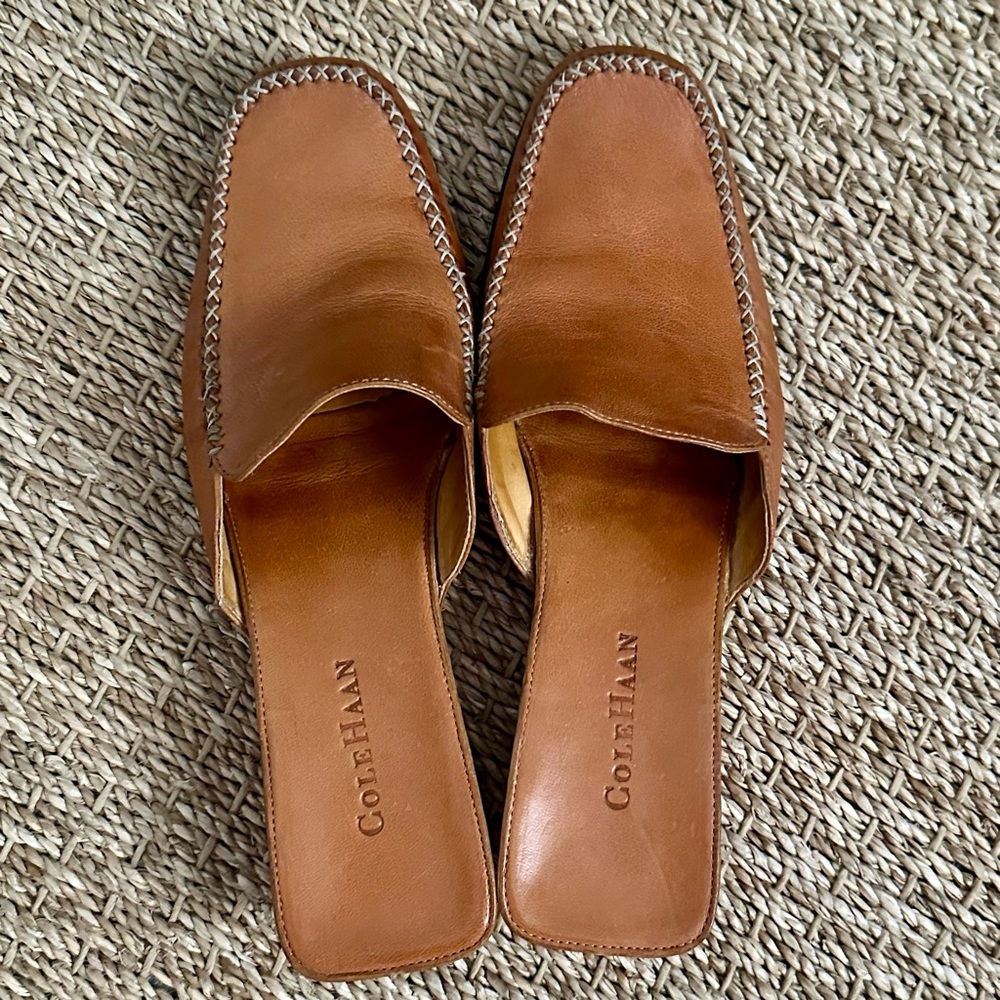 Cole Haan Tan Leather Slip-On Mules with Contrast Stitch